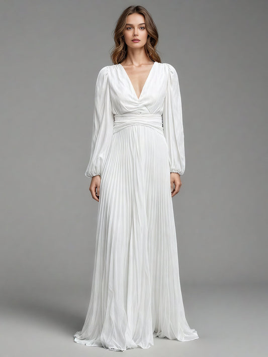 White Pleated Maxi Dress with V - Neck & Puff Sleeves - SISPELL