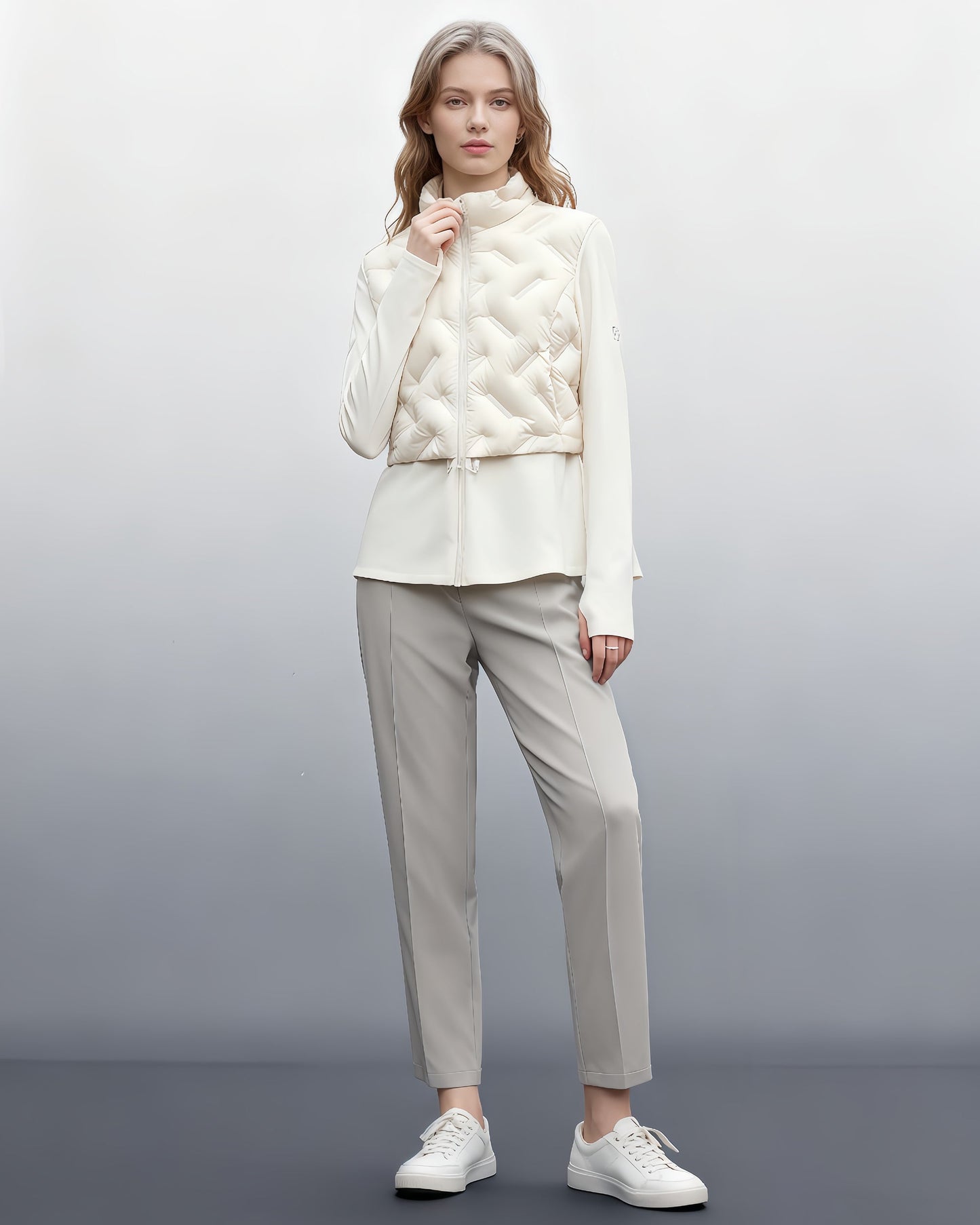 White Quilted Zip - Up Down Jacket with Drawstring Waist - SISPELL