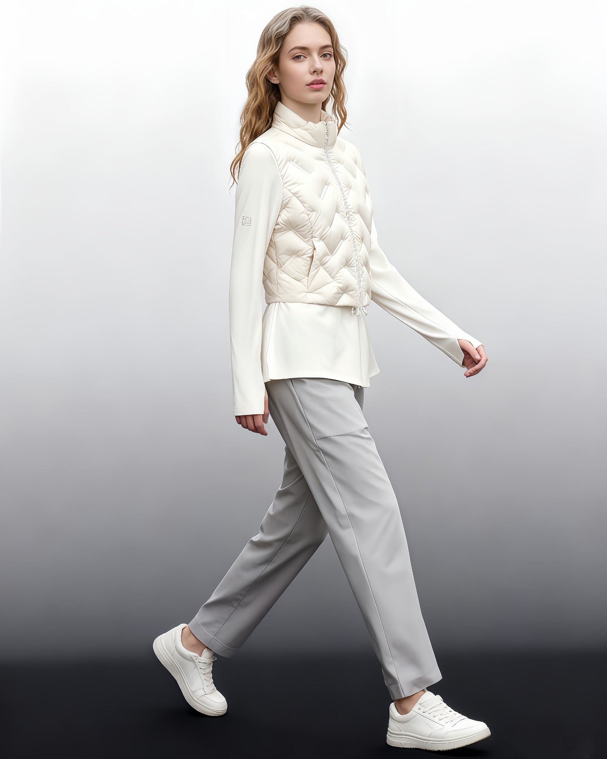 White Quilted Zip - Up Down Jacket with Drawstring Waist - SISPELL