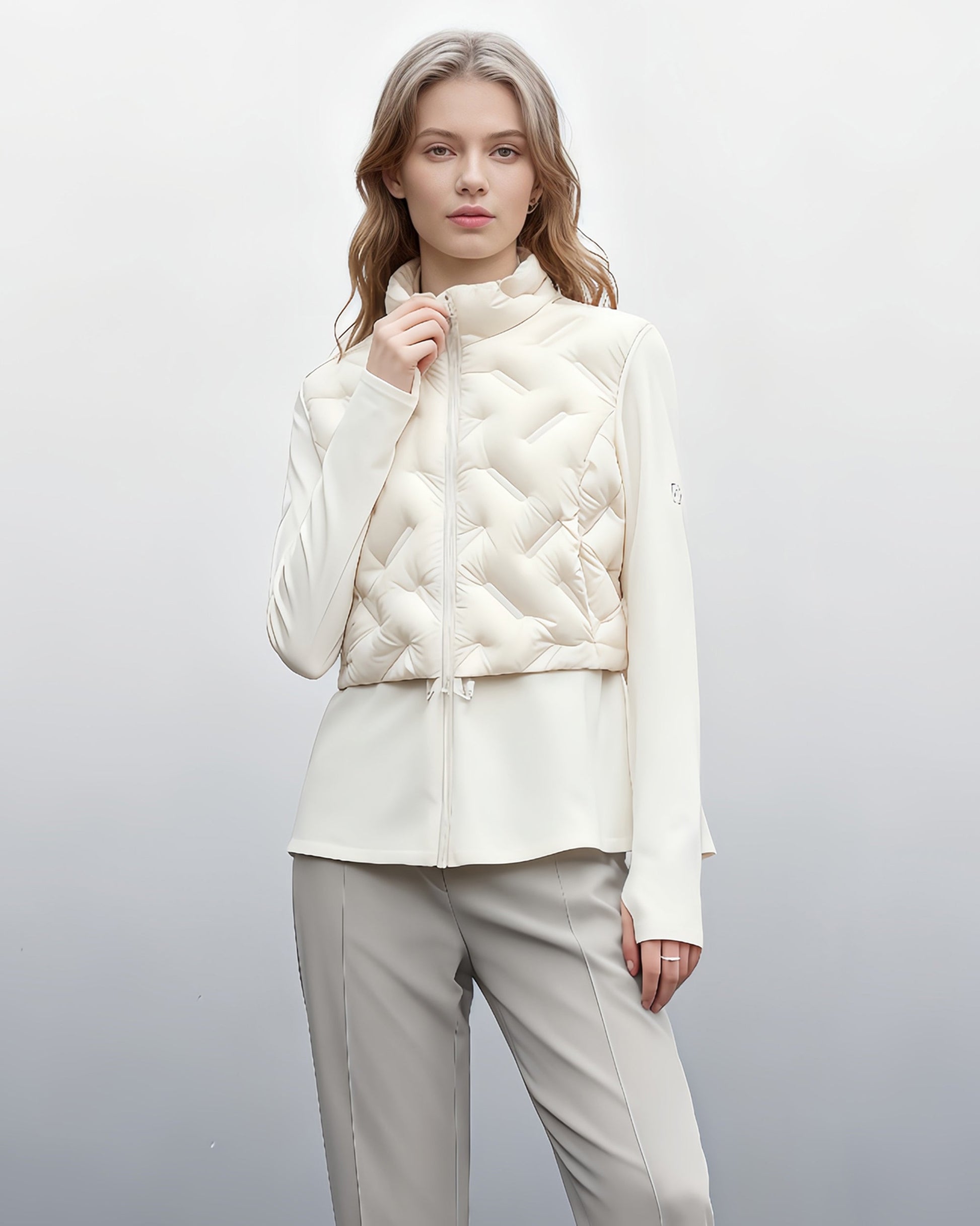 White Quilted Zip - Up Down Jacket with Drawstring Waist - SISPELL