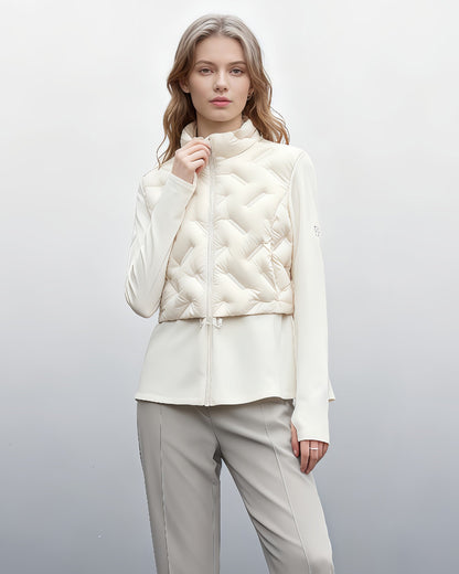 White Quilted Zip - Up Down Jacket with Drawstring Waist - SISPELL