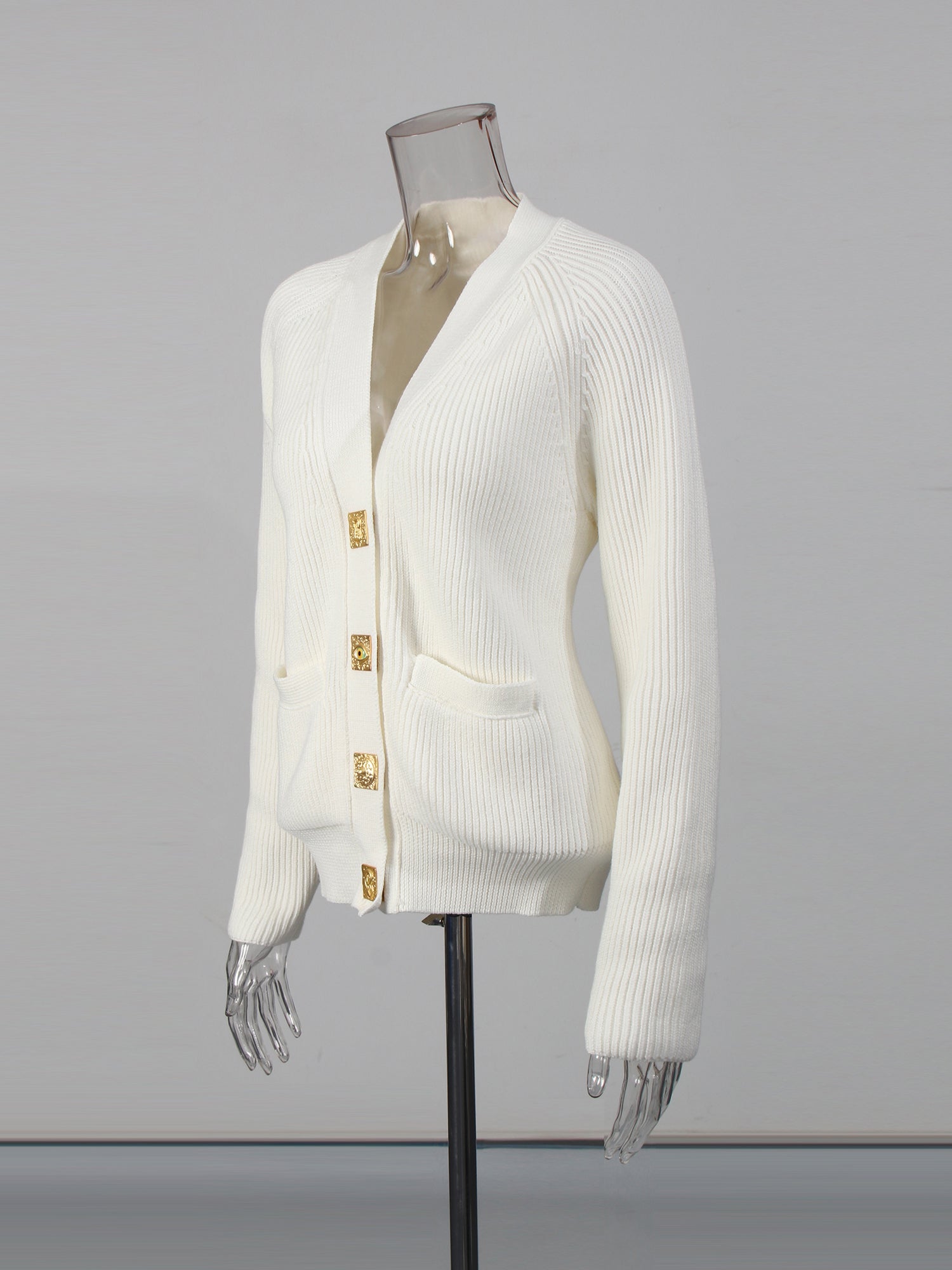 White Ribbed Cardigan with Decorative Gold Buttons - SISPELL