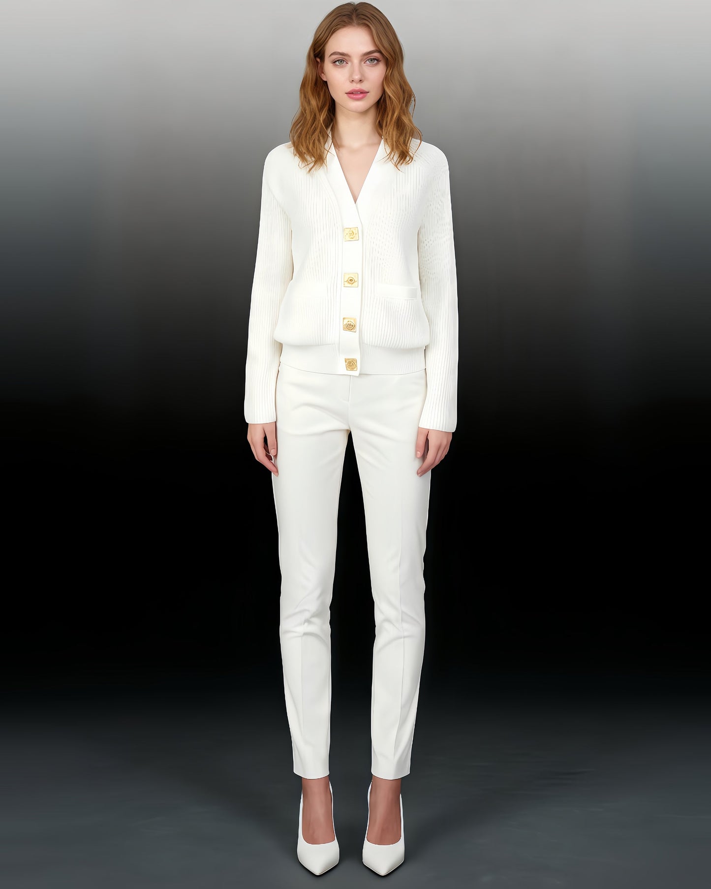 White Ribbed Cardigan with Decorative Gold Buttons - SISPELL