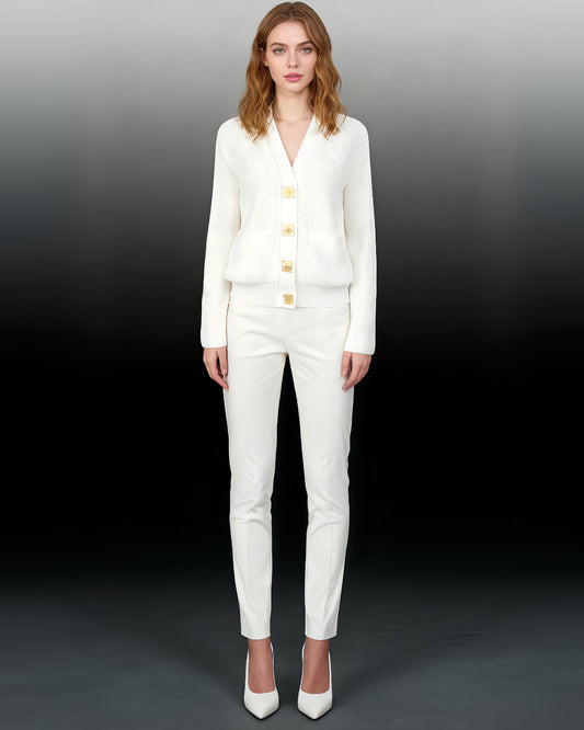 White Ribbed Cardigan with Decorative Gold Buttons - SISPELL