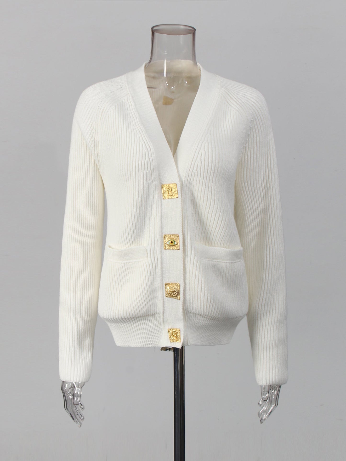 White Ribbed Cardigan with Decorative Gold Buttons - SISPELL