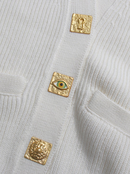 White Ribbed Cardigan with Decorative Gold Buttons - SISPELL