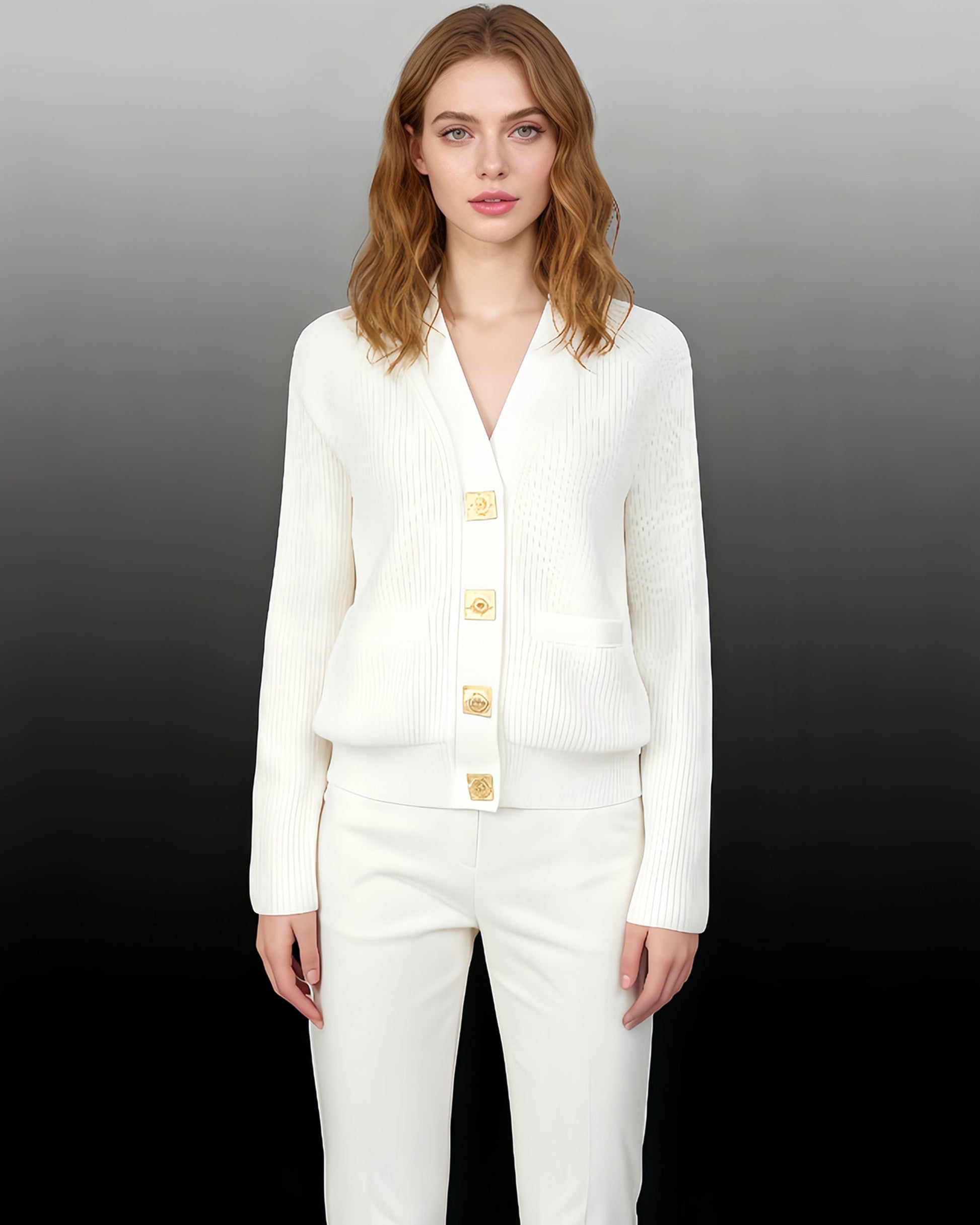 White Ribbed Cardigan with Decorative Gold Buttons - SISPELL