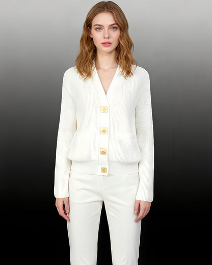 White Ribbed Cardigan with Decorative Gold Buttons - SISPELL