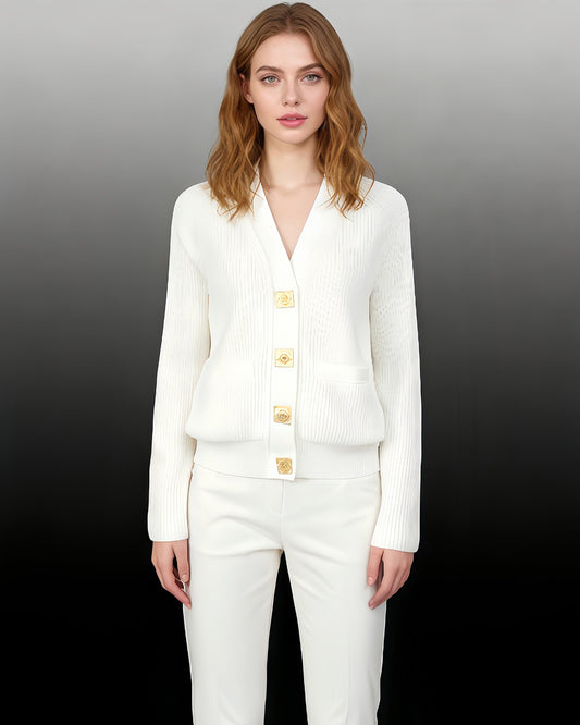 White Ribbed Cardigan with Decorative Gold Buttons - SISPELL