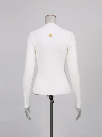 White Ribbed Knit Sweater with Gold Embellishment - SISPELL