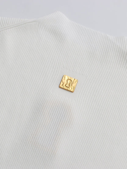 White Ribbed Knit Sweater with Gold Embellishment - SISPELL