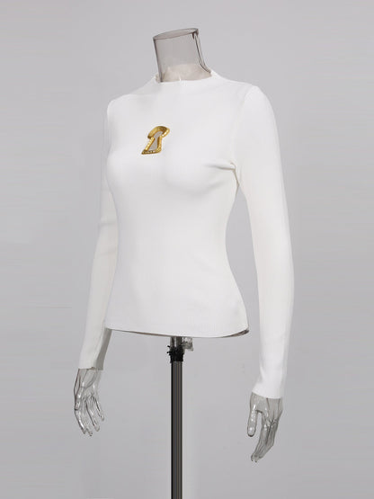 White Ribbed Knit Sweater with Gold Embellishment - SISPELL