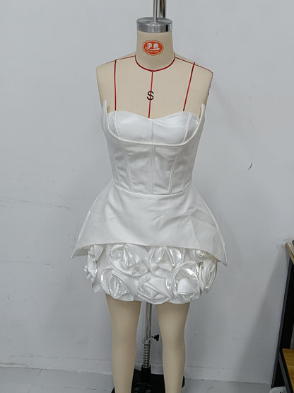 White Satin Rose Appliqué Strapless Mini Dress - SISPELL