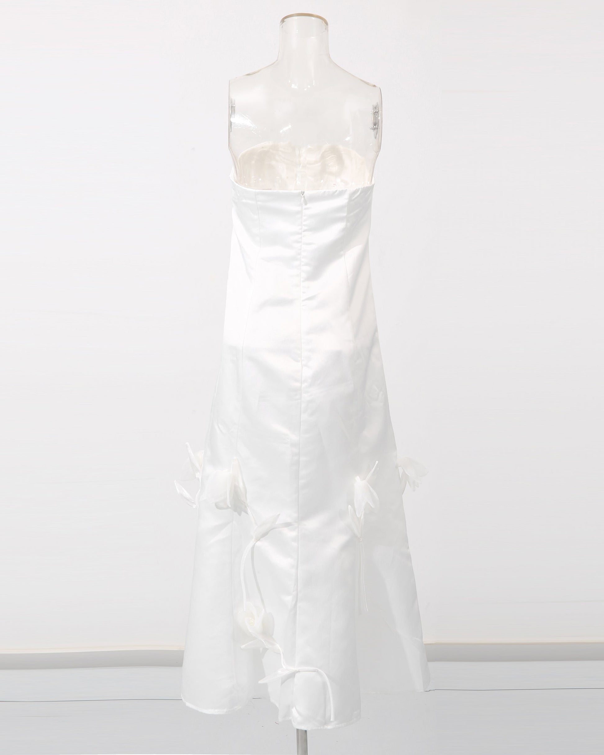 White Satin Strapless Midi Dress with 3D Floral - SISPELL