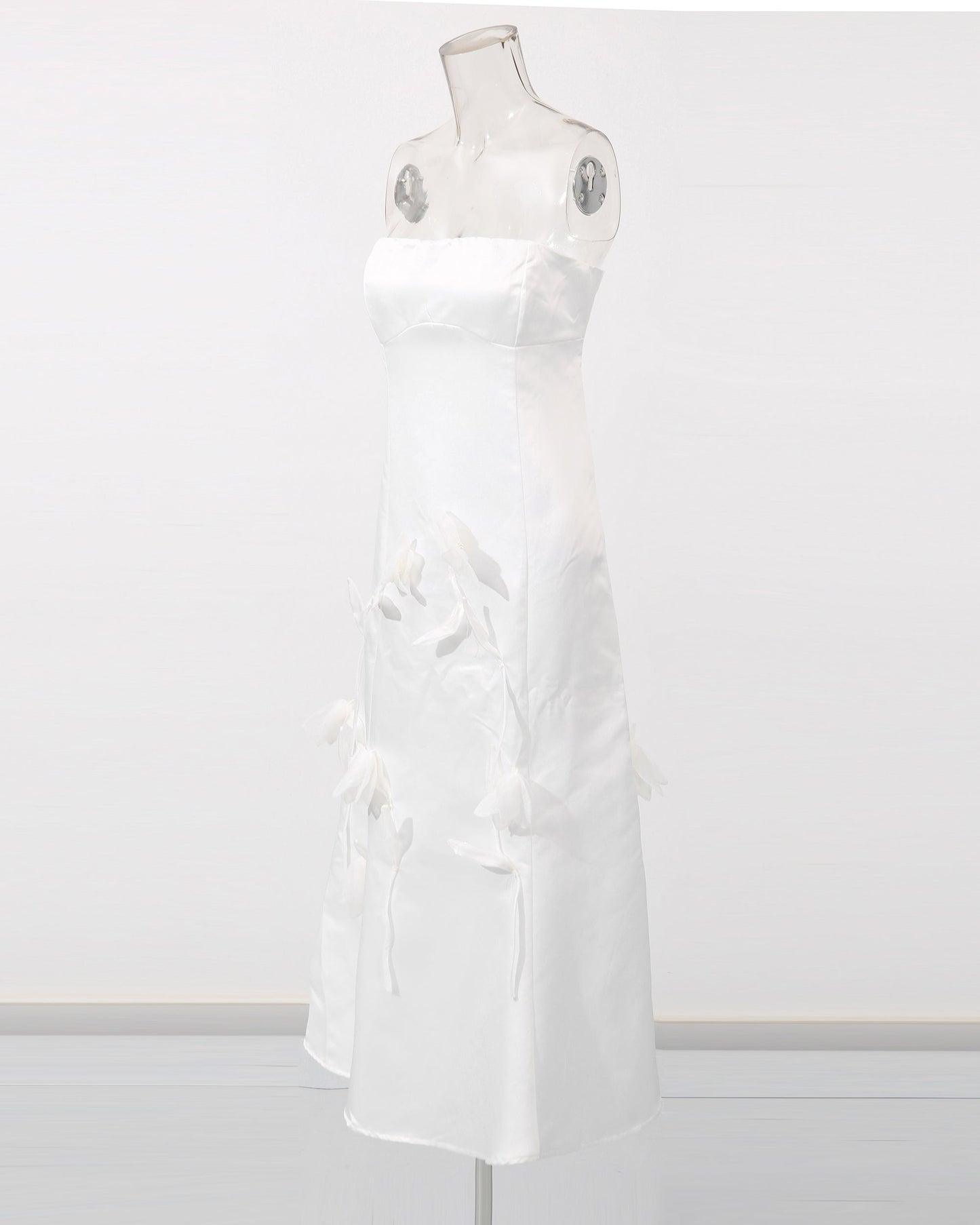 White Satin Strapless Midi Dress with 3D Floral - SISPELL