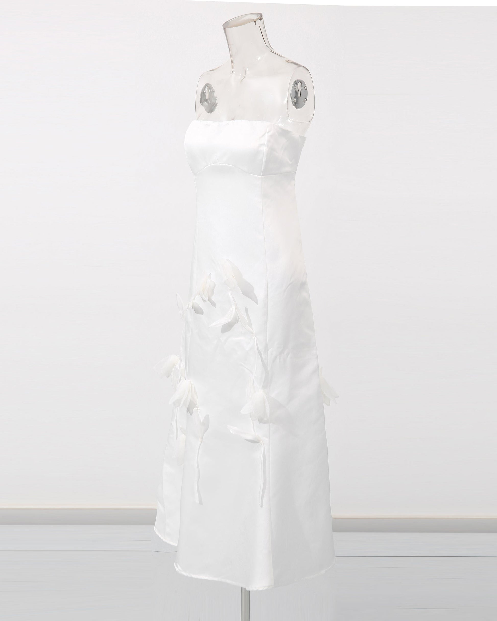 White Satin Strapless Midi Dress with 3D Floral - SISPELL