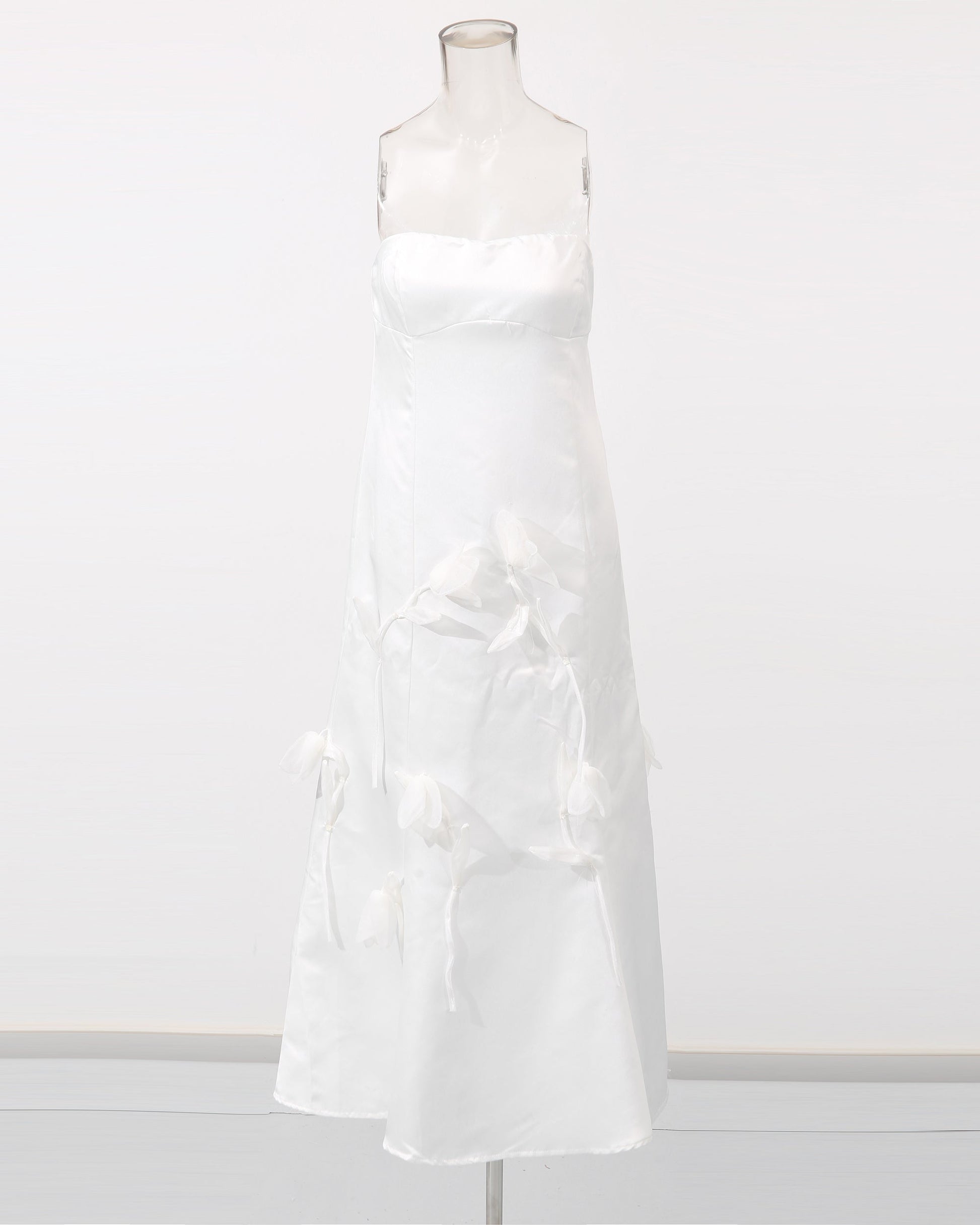 White Satin Strapless Midi Dress with 3D Floral - SISPELL