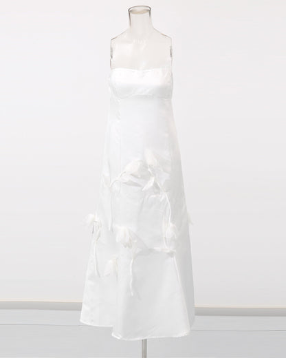 White Satin Strapless Midi Dress with 3D Floral - SISPELL