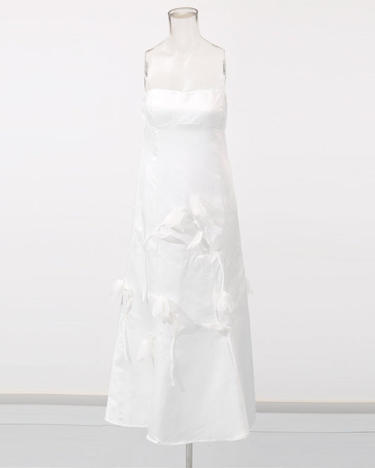 White Satin Strapless Midi Dress with 3D Floral - SISPELL
