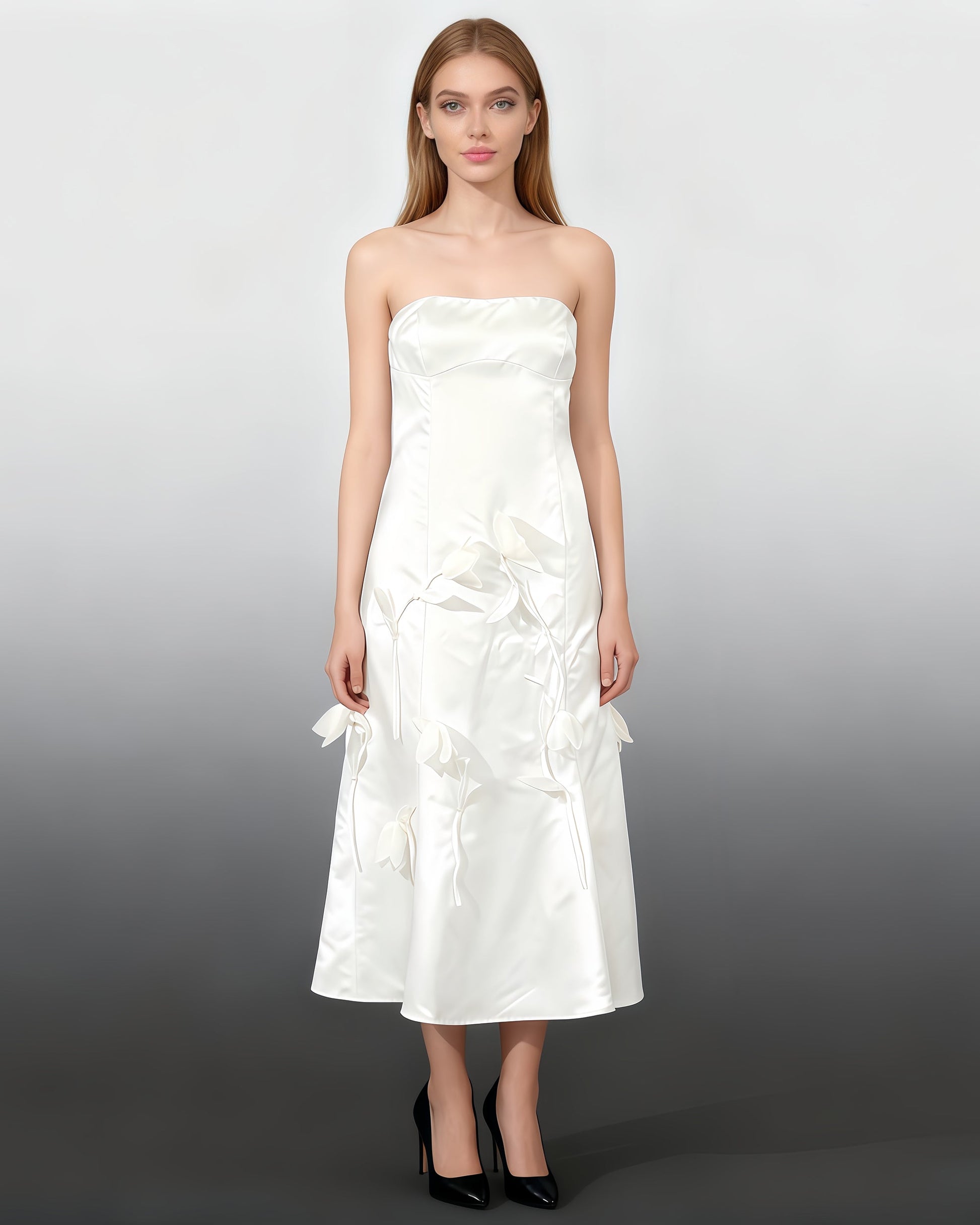 White Satin Strapless Midi Dress with 3D Floral - SISPELL