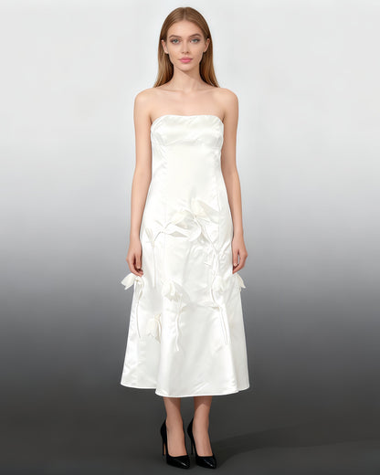 White Satin Strapless Midi Dress with 3D Floral - SISPELL