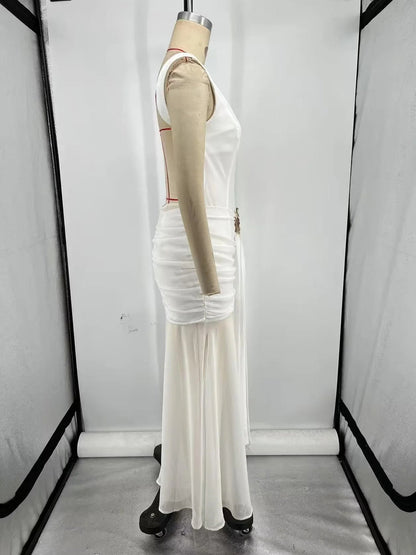 White Sleeveless Maxi Dress with Gold Accent - SISPELL