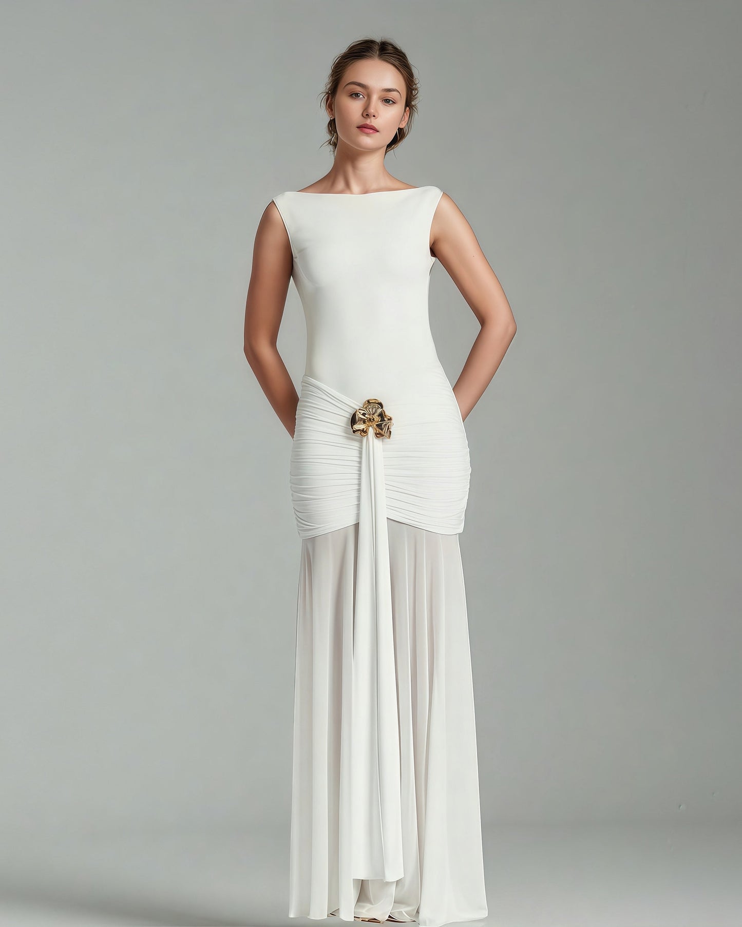 White Sleeveless Maxi Dress with Gold Accent - SISPELL