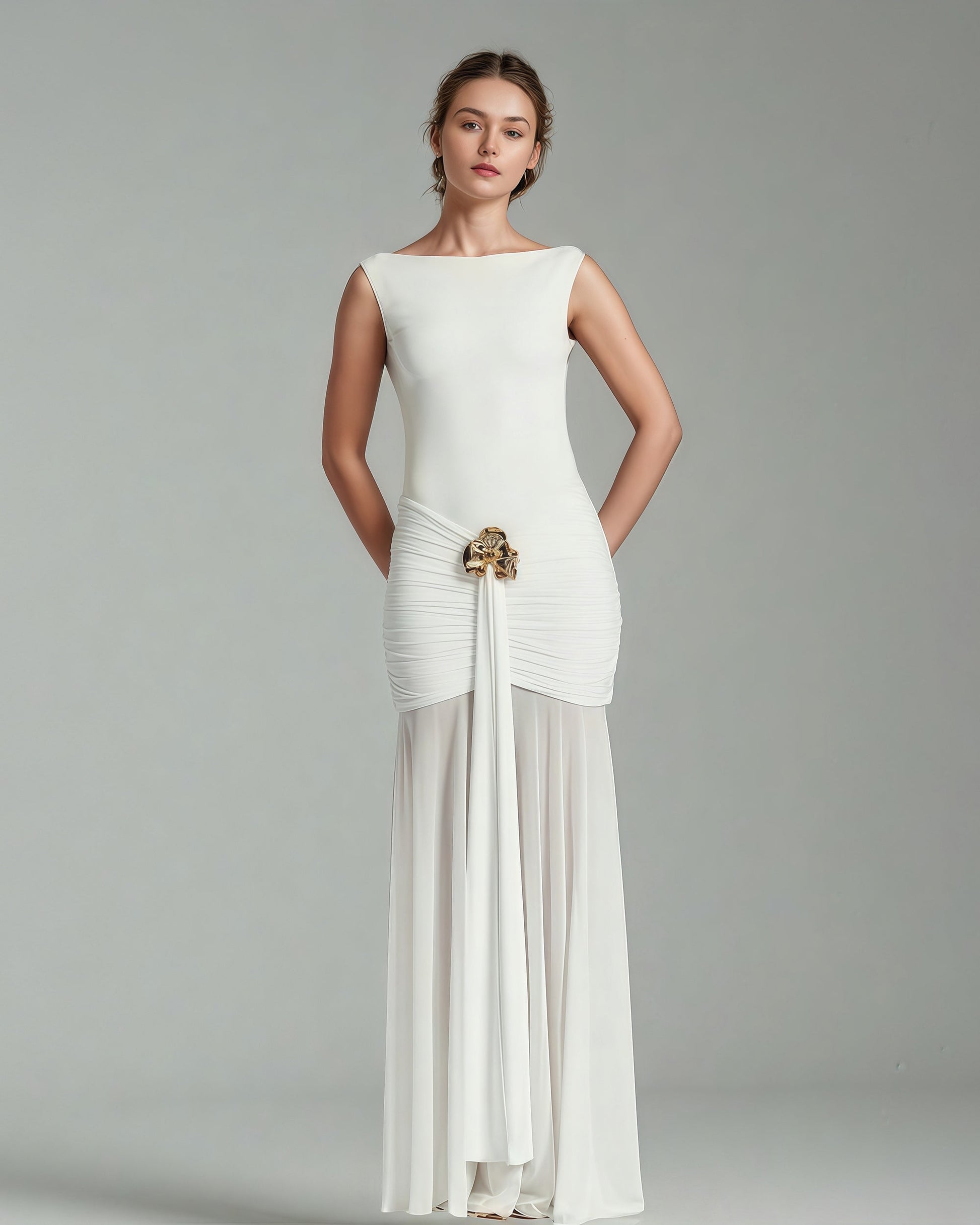 White Sleeveless Maxi Dress with Gold Accent - SISPELL