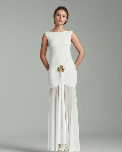 White Sleeveless Maxi Dress with Gold Accent - SISPELL