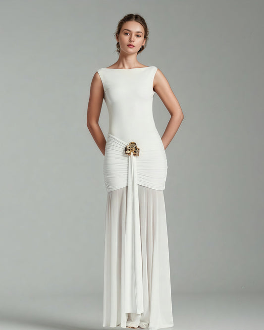 White Sleeveless Maxi Dress with Gold Accent - SISPELL