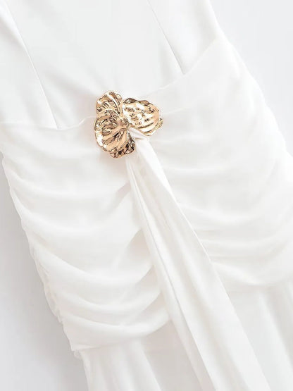 White Sleeveless Maxi Dress with Gold Accent - SISPELL