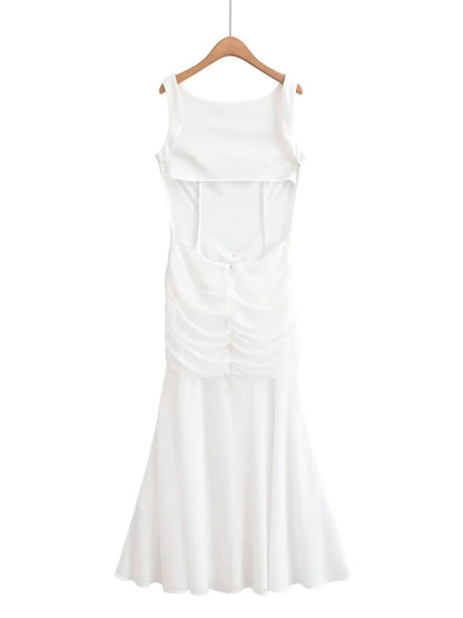 White Sleeveless Maxi Dress with Gold Accent - SISPELL
