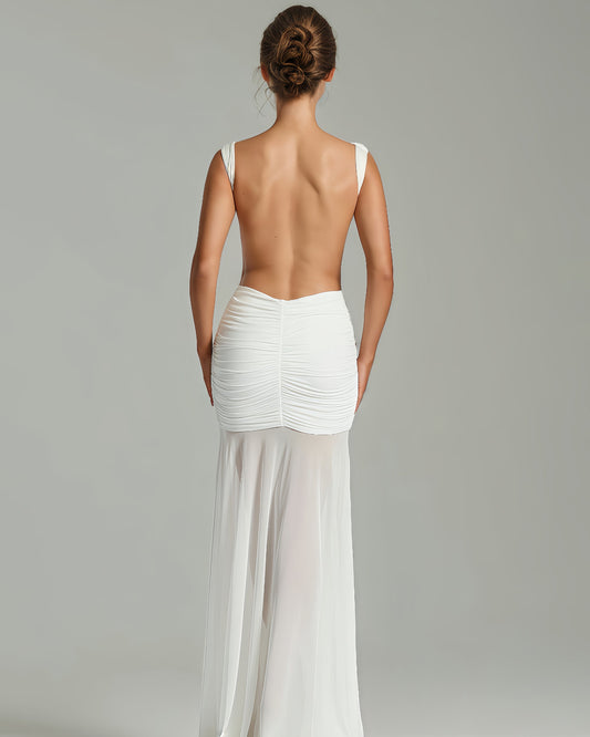 White Sleeveless Maxi Dress with Gold Accent - SISPELL