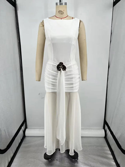 White Sleeveless Maxi Dress with Gold Accent - SISPELL