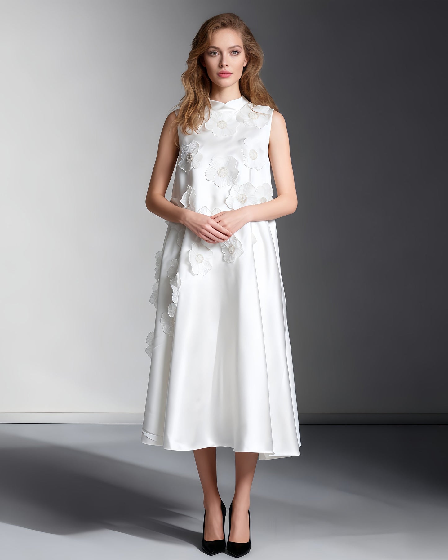 White Sleeveless Midi Dress with Floral Lace & Pearl - SISPELL