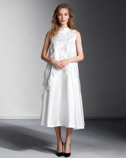 White Sleeveless Midi Dress with Floral Lace & Pearl - SISPELL