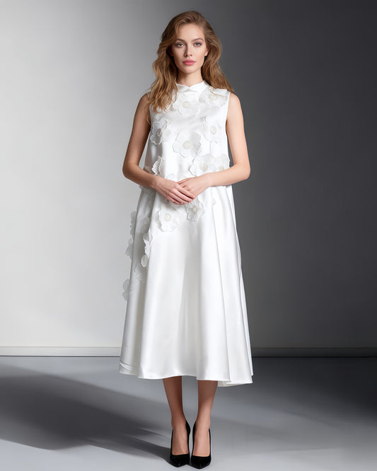 White Sleeveless Midi Dress with Floral Lace & Pearl - SISPELL