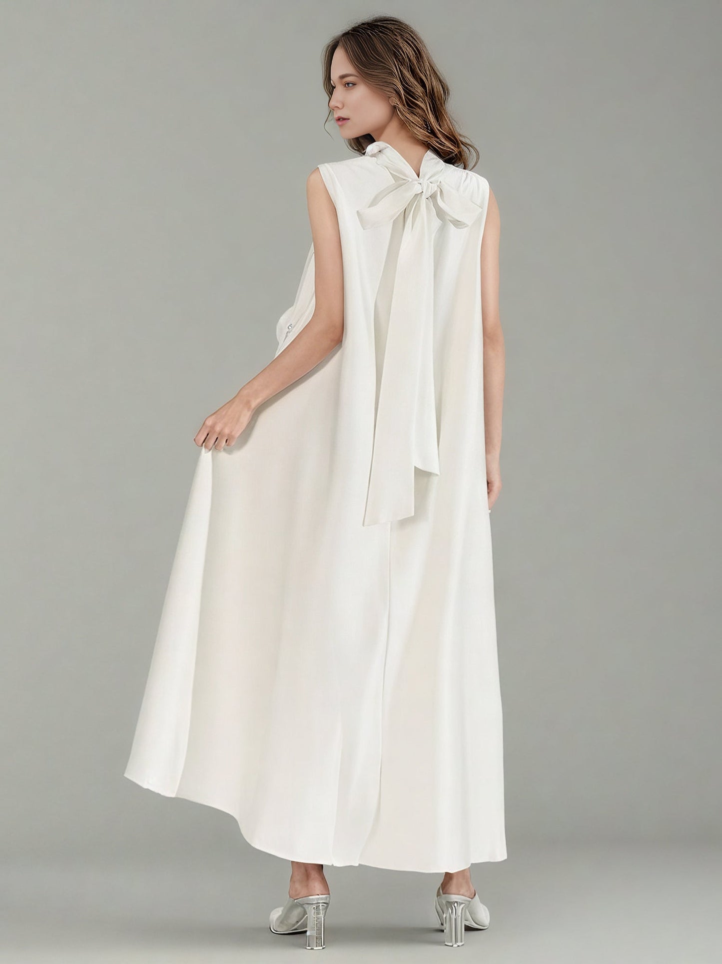 White Sleeveless Midi Dress with Floral Lace & Pearl - SISPELL