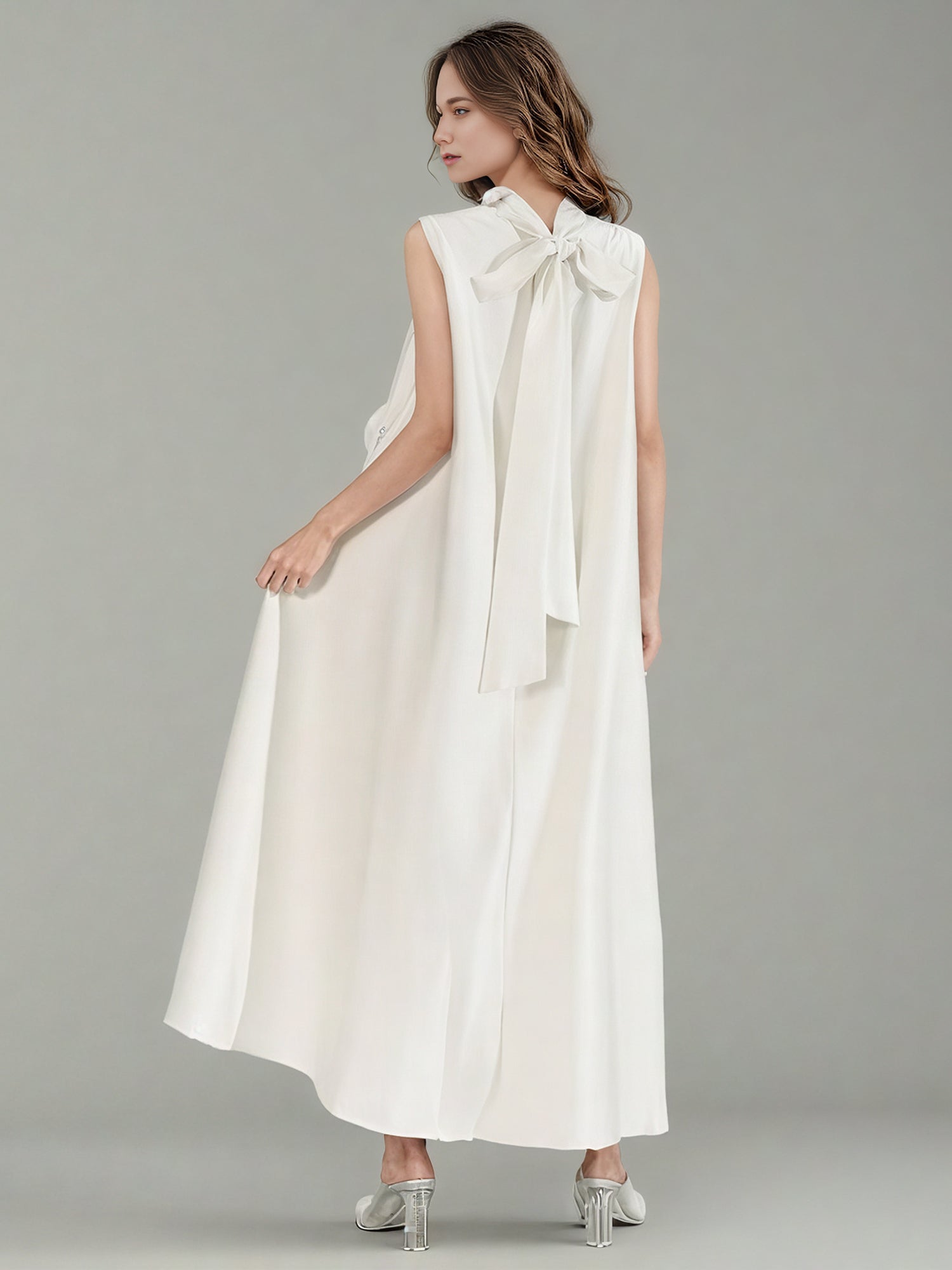 White Sleeveless Midi Dress with Floral Lace & Pearl - SISPELL