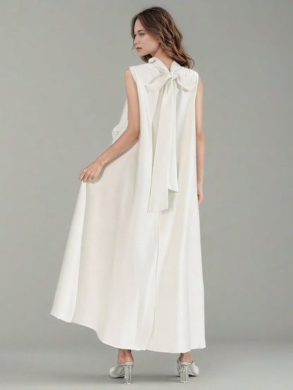 White Sleeveless Midi Dress with Floral Lace & Pearl - SISPELL