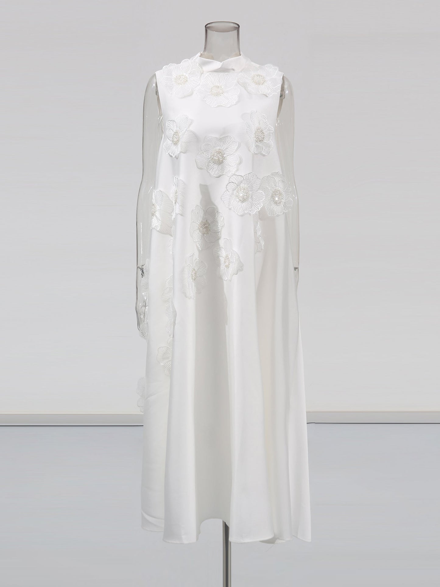 White Sleeveless Midi Dress with Floral Lace & Pearl - SISPELL