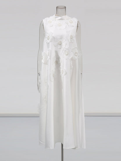 White Sleeveless Midi Dress with Floral Lace & Pearl - SISPELL
