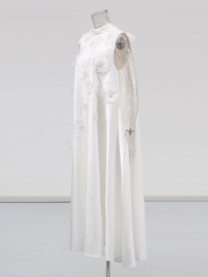 White Sleeveless Midi Dress with Floral Lace & Pearl - SISPELL