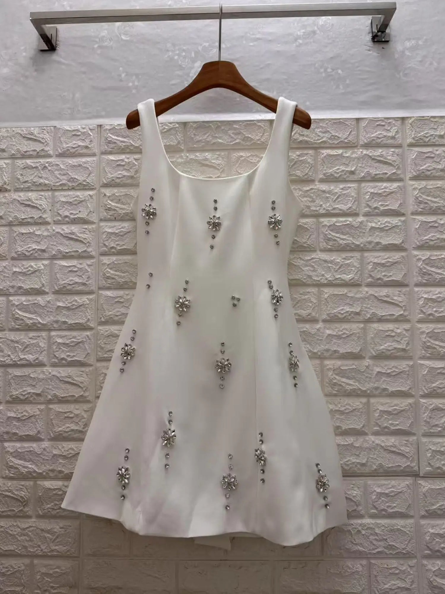 White Square Neck Mini Dress with Crystal Florals - SISPELL