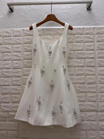 White Square Neck Mini Dress with Crystal Florals - SISPELL