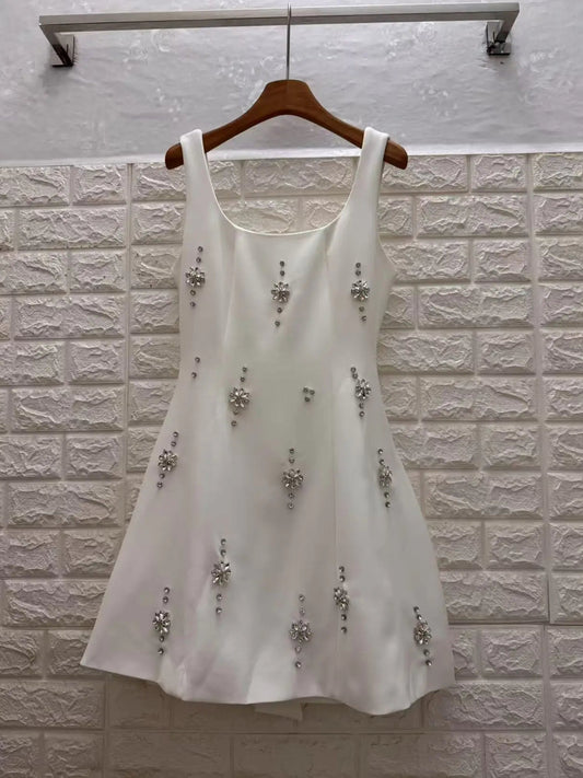 White Square Neck Mini Dress with Crystal Florals - SISPELL