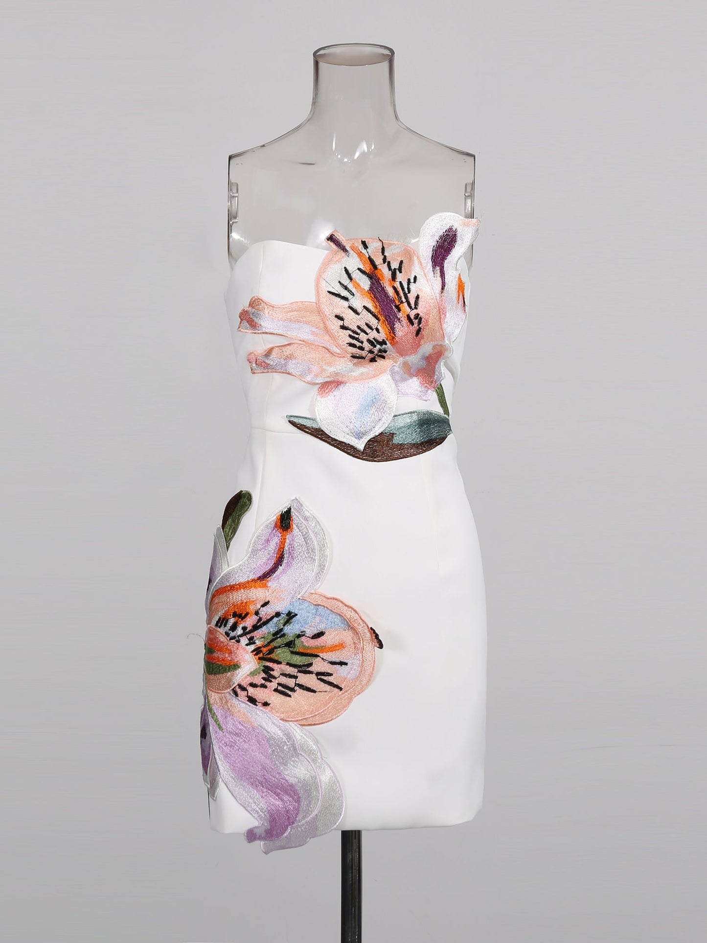White Strapless Mini Dress with Floral Embroidery - SISPELL