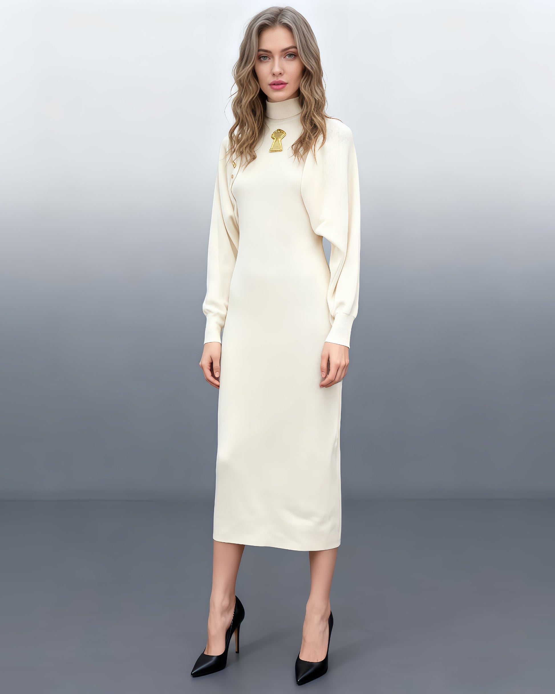 White Turtleneck Knit Midi Dress with Keyhole Accent - SISPELL