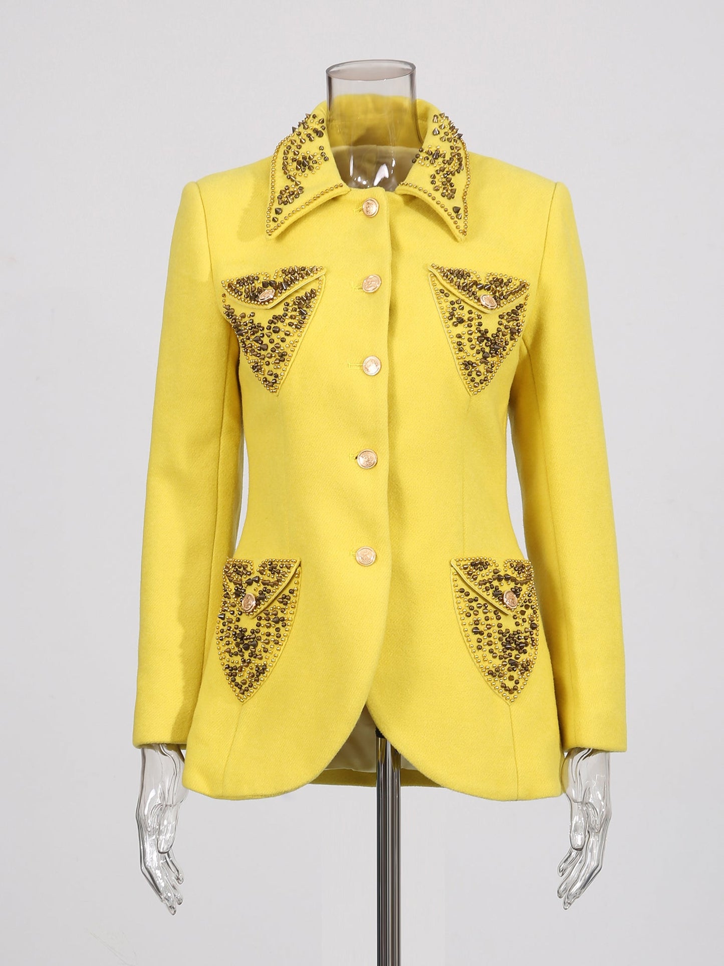 Yellow Blazer with Beaded Embellished Collar & Pockets - SISPELL
