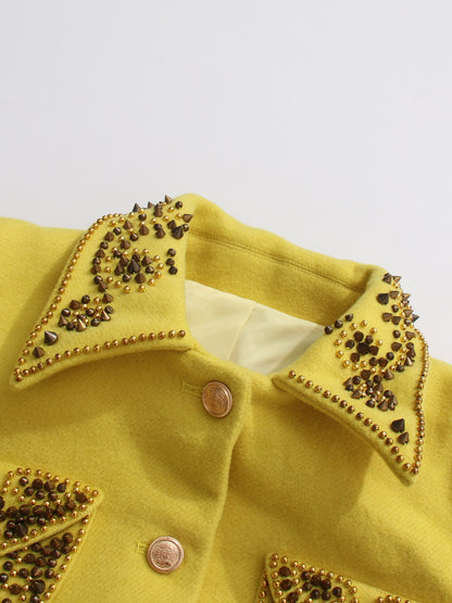 Yellow Blazer with Beaded Embellished Collar & Pockets - SISPELL